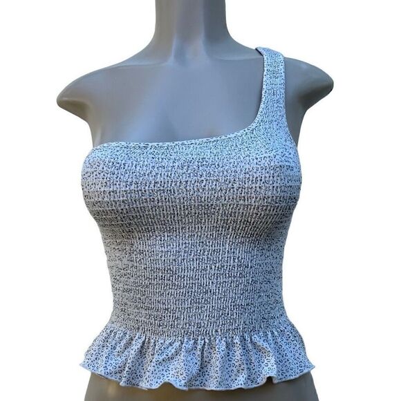 gaze Tops - Gaze Peplum Crop Top XS White Gray Animal Print Smocked One Shoulder Ruffle Hem